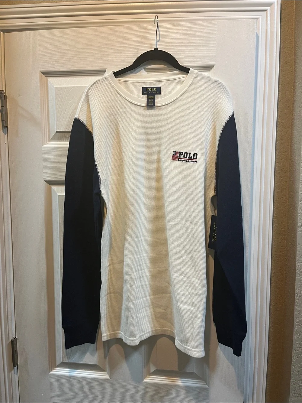 Polo by Ralph Lauren White and Navy Long Sleeve Colorblock Crewneck Sleepwear